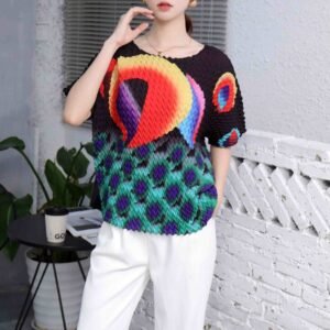 Jia Ning's new temperament round neck short sleeved breathable summer peacock pineapple plaid top：圖片 9