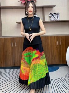 Miyake pleated new gradient color temperament printed pleated skirt cross-border European, American, Middle Eastern women's half skirt stylish：圖片 7