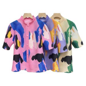 K231224 new summer cardigan stand up collar short sleeved graffiti cardigan top：圖片 5