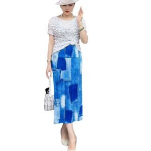 Women's midi skirt with fashionable summer slit print skirt, denim blue skirt, versatile retro long style, slim fit：圖片 7