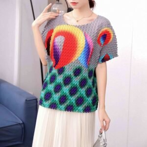 Jia Ning's new temperament round neck short sleeved breathable summer peacock pineapple plaid top：圖片 10