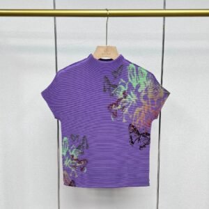 Jianing women's summer short cut round neck printed butterfly corn pleated top with artistic retro style printed short sleeved T-shirt：圖片 9