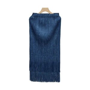Jia Ning's new elastic band mid length half skirt, double-layer denim color tassel half skirt, Japanese and Korean casual style A-line skirt：圖片 7