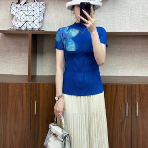 Slim fit new casual slimming pleated women's clothing plus size pullover summer short sleeved minimalist snow lotus flower corn top：圖片 9