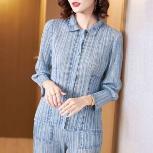 K221117 Jia Ning pleated fashionable denim color suit top set, Japanese and Korean casual 9-quarter sleeve commuting city：圖片 7
