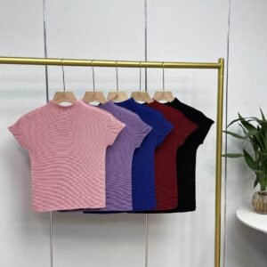 W230416 Jia Ning New Summer Versatile Round Neck Short Sleeve T Clear Color Corn Fold Top Japanese and Korean Casual Style Versatile：圖片 2