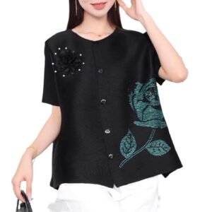 Short sleeved women's summer round neck cardigan with diamond studded rose top, elegant and versatile for commuting：圖片 3