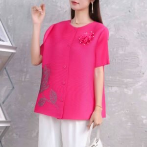 Short sleeved women's summer round neck cardigan with diamond studded rose top, elegant and versatile for commuting