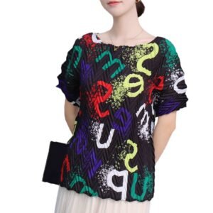 Jia Ning's new summer thin breathable round neck colorful letter pleated top：圖片 2