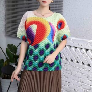 Jia Ning's new temperament round neck short sleeved breathable summer peacock pineapple plaid top