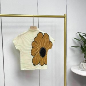 Z230410 New High Collar Outer Short Summer Sunflower Corn Fold Top Short Sleeve T-shirt Art Retro Style：圖片 5