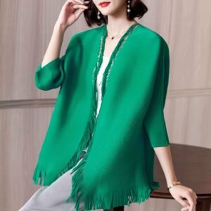 Jia Ning pleated loose temperament tassel cardigan top temperament commuting seven quarter sleeve elegant style, western-style, slimming and versatile：圖片 2