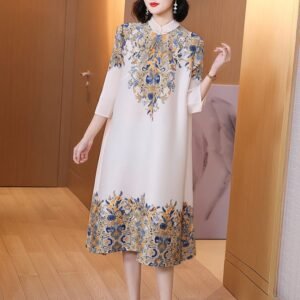 Jianing Vintage Loose Fashion Versatile Medium length China-Chic Blue and White Porcelain Dress Temperament Commuter A-line Dress Loose：圖片 3