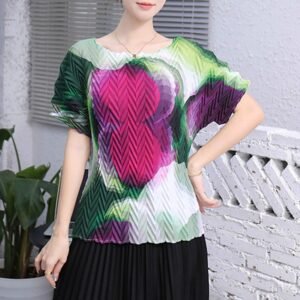 Jia Ning's new temperament round neck fashionable short sleeved loose gourd print pleated top：圖片 3