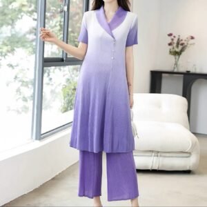 Jia Ning's new casual outerwear summer short sleeved loose collar gradient color set：圖片 2