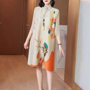 K221076 Jia Ning Folded Cheongsam Improved Plum Blossom Face 3D Printed Chinese Style Loose Large Size Dress：圖片 4