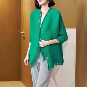 Jia Ning pleated loose temperament tassel cardigan top temperament commuting seven quarter sleeve elegant style, western-style, slimming and versatile