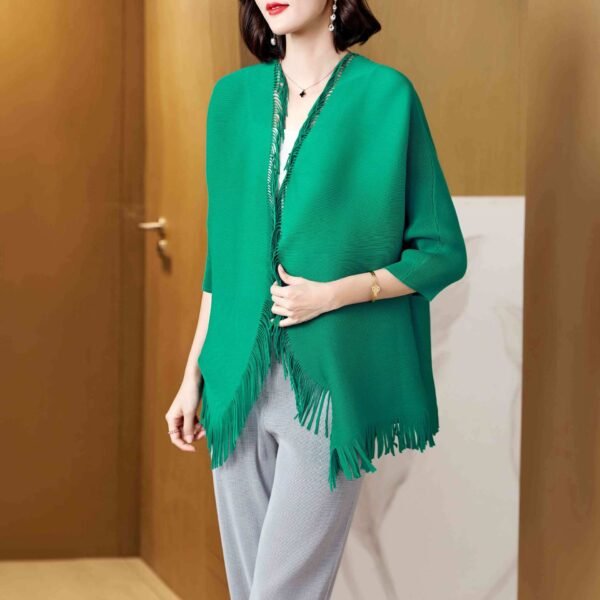 Jia Ning pleated loose temperament tassel cardigan top temperament commuting seven quarter sleeve elegant style, western-style, slimming and versatile
