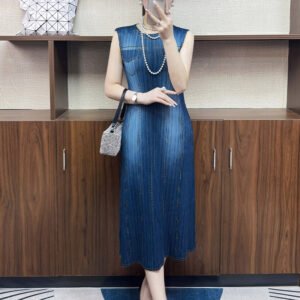 Jia Ning's new denim series sleeveless dress versatile temperament French classic slim pleated vest skirt：圖片 3