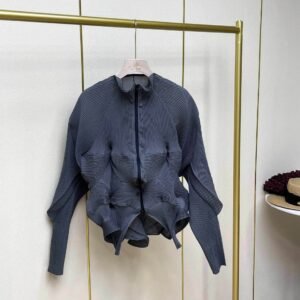 Jialing's new slimming women's long sleeved three-dimensional zipper cardigan jacket with stand up collar and artistic retro style：圖片 4