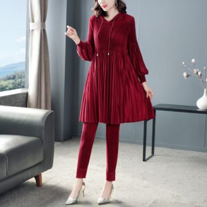 Jia Ning Wrinkle Set 2021 Spring New Women's Fashion and Western Style Aging Reduction Hooded Long Sleeve Two Piece Set K201206：圖片 2