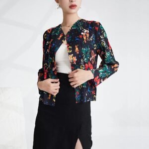 Jia Ning's new versatile and fashionable slim fit style long sleeved women's tassel cardigan top with artistic retro pleated print