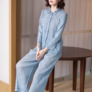 K221117 Jia Ning pleated fashionable denim color suit top set, Japanese and Korean casual 9-quarter sleeve commuting city