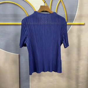 New KK fold top pleated women's round neck temperament commuting short sleeved intellectual style printed solid color casual style slimming：圖片 4