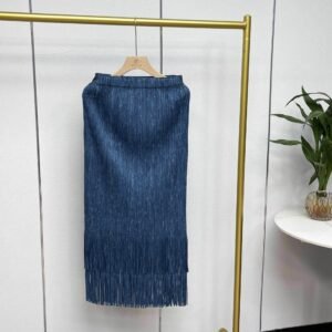 Jia Ning's new elastic band mid length half skirt, double-layer denim color tassel half skirt, Japanese and Korean casual style A-line skirt：圖片 2