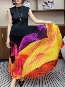 Miyake pleated new gradient color temperament printed pleated skirt cross-border European, American, Middle Eastern women's half skirt stylish：圖片 2