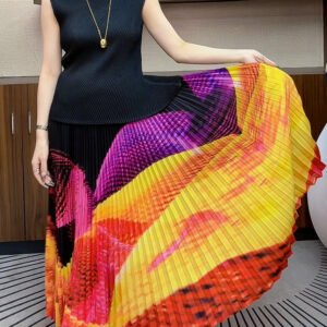 Miyake pleated new gradient color temperament printed pleated skirt cross-border European, American, Middle Eastern women's half skirt stylish