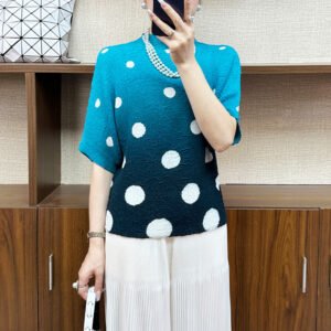 Explosive gradient color polka dot pleated print five quarter sleeve T-shirt for women's summer temperament, slimming casual top, fashionable：圖片 5
