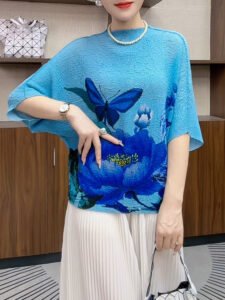 New Miyake Wholesale Wrinkled Fashion Women's Wear Slimming Top Wrinkled Bat Sleeve Butterfly Printed Women's T-shirt Summer：圖片 4