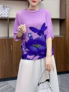 New Miyake Wholesale Wrinkled Fashion Women's Wear Slimming Top Wrinkled Bat Sleeve Butterfly Printed Women's T-shirt Summer：圖片 5