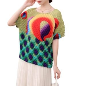 Jia Ning's new temperament round neck short sleeved breathable summer peacock pineapple plaid top：圖片 3