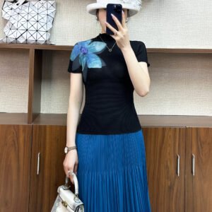 Slim fit new casual slimming pleated women's clothing plus size pullover summer short sleeved minimalist snow lotus flower corn top