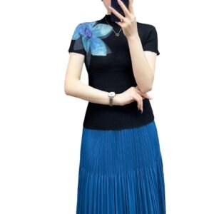 Slim fit new casual slimming pleated women's clothing plus size pullover summer short sleeved minimalist snow lotus flower corn top：圖片 3