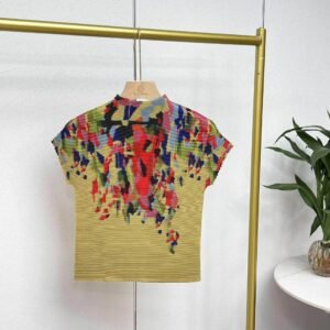 Jia Ning's new style versatile and fashionable round neck high neck short sleeved slim fit fragmented graffiti corn pleated top：圖片 6