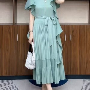 Summer pleated dress, high-end temperament long skirt, mint new style, ruffled edge, French style, versatile and elegant temperament