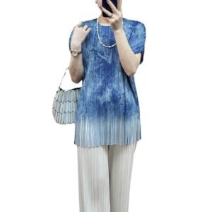 Jia Ning summer bat-sleeved fringed denim blue top is fashionable, loose round neck, casual blue and versatile print：圖片 6