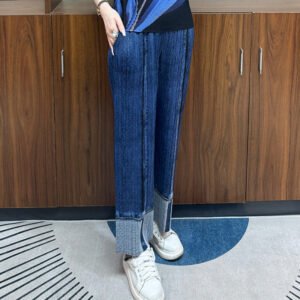 Jia Ning's new summer jeans, elastic straight trousers, temperament commuting pleated mid-length trousers, casual intellectual style trousers：圖片 2