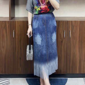 Jialing summer denim skirt, mid length skirt, A-line skirt, slimming and versatile temperament, commuting fringe, intellectual and romantic fringe