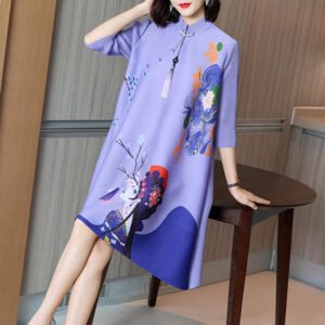 K221076 Jia Ning Folded Cheongsam Improved Plum Blossom Face 3D Printed Chinese Style Loose Large Size Dress：圖片 5