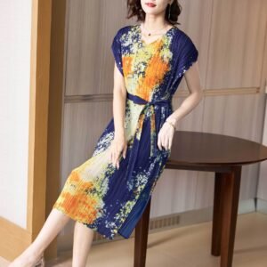 K221111 Folded Dress 2022 Summer New Colorful Belt Skirt V-neck Women's Dress Fashion：圖片 4