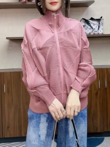 2024 coat, high-end zipper, fashionable temperament, pleated new bat casual top, cardigan, loose and versatile for autumn and winter：圖片 4