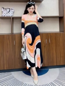 2024 Summer Dress Women's Printed Medium to Long Size Seven Sleeve Loose Large Mom Dress Comfortable Casual Long Dress：圖片 5