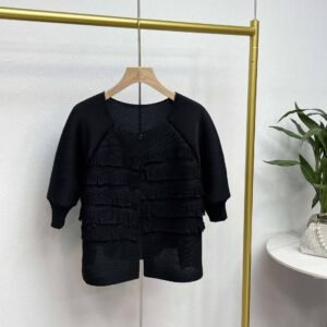 K231230 spring/summer new loose short round neck cardigan top with zip sleeves and tassels：圖片 8