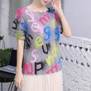 Jia Ning's new summer thin breathable round neck colorful letter pleated top：圖片 3