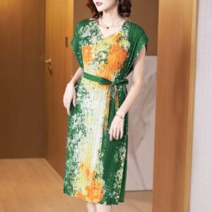 K221111 Folded Dress 2022 Summer New Colorful Belt Skirt V-neck Women's Dress Fashion：圖片 7