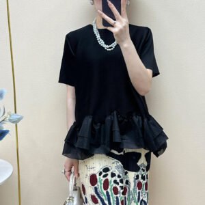 Jia Ning's new summer short sleeved shirt with a petite temperament, round neck, fresh and sweet, and irregular lace top that covers the belly：圖片 7